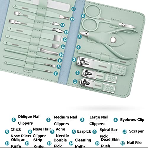 WYFC Conjunto de manicura Set de Cuchillas de uñas Profesional de 16 Piezas Kit de manicura de Acero Inoxidable Kit de Cuidado de Clavos para Viajes a Domicilio Adulto (Color : Green)