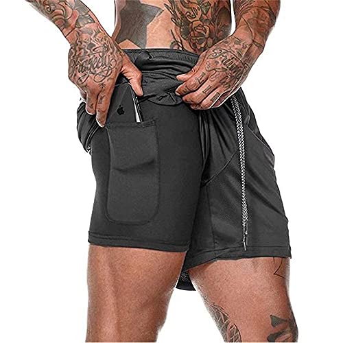 XDSP Pantalón Corto para Hombre,Pantalones Cortos Deportivos para Correr 2 en 1 con Compresión Interna y Bolsillo para Hombres (Black, L, l)