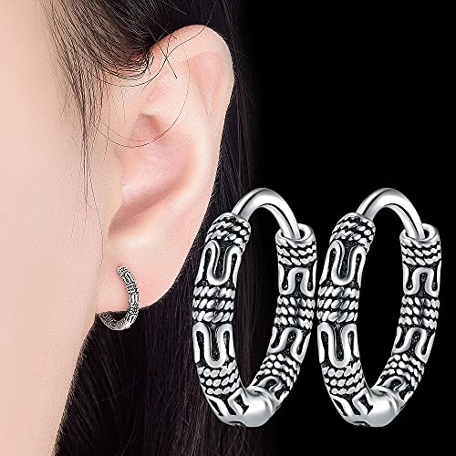 XIAOMAI Pendientes de aro de Plata de Ley 925 Boho Redondos Vintage Negros para Hombres y Mujeres, joyería Gruesa de Moda