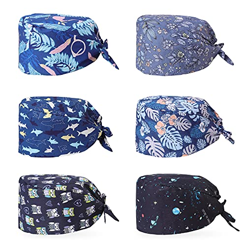 XiYee 6 Piezas Gorro de Trabajo, Algodón Ajustable Gorro de Belleza, Unisex Gorro Turbante con Banda de Sudor, Gorro Quirofano para Hombres y Mujeres