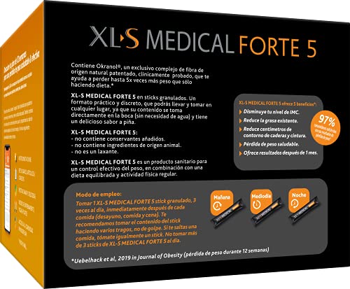 XLS Medical Forte 5 Sticks + Plan Nudge, Servicio De Nutricionistas Gratis. Tratamiento De 1 Mes, Sabor A Piña, color Blanco, 90 sticks granulados, 500 g