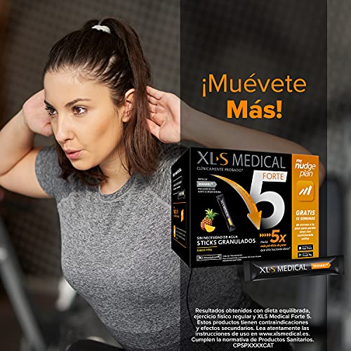 XLS Medical Forte 5 Sticks + Plan Nudge, Servicio De Nutricionistas Gratis. Tratamiento De 1 Mes, Sabor A Piña, color Blanco, 90 sticks granulados, 500 g