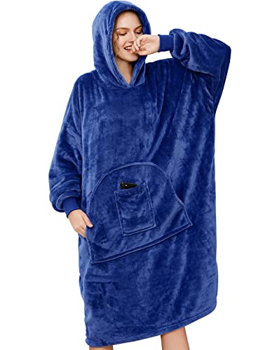 Xnova Manta con Capucha Sudadera con Capucha Manta de Doble Cara Franela Pullover Sudadera Suave un tamaño TV Manta con Dos Bolsillo de Adultos Mujeres, Hombres, Adolescentes(Azul Marino, One Size)