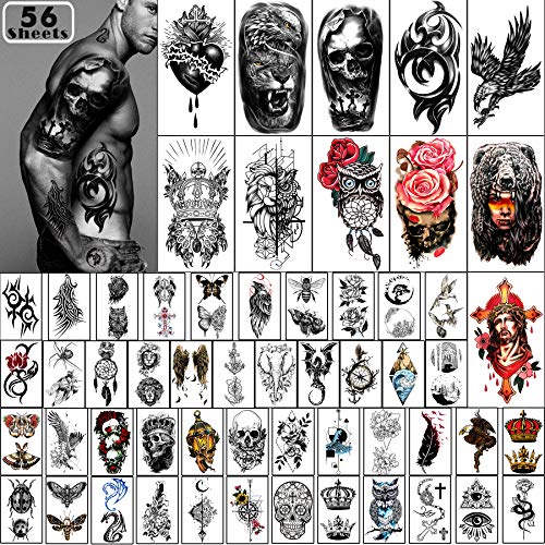 Yazhiji 56 Hojas de Pegatinas de Tatuajes Temporales 11 Hojas de Tatuajes de Medio Brazo para hombres o mujeres con 45 hojas de pequeños tatuajes falsos