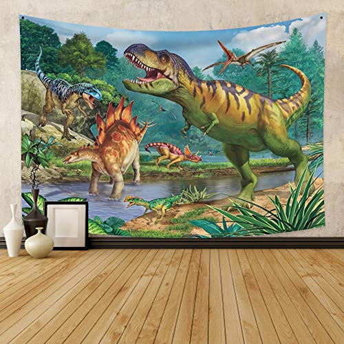 YongFoto 100x70cm Dinosaurio Tapiz Colgar en la pared, Caricatura Tiranosaurio Selva Planta Arroyo para Dormitorio niño Colgando, Exposición temática Aventuras Manta Obra de arte Tapiz