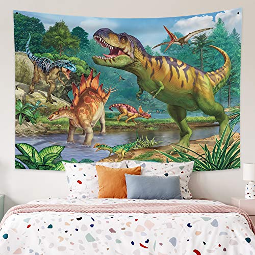 YongFoto 100x70cm Dinosaurio Tapiz Colgar en la pared, Caricatura Tiranosaurio Selva Planta Arroyo para Dormitorio niño Colgando, Exposición temática Aventuras Manta Obra de arte Tapiz