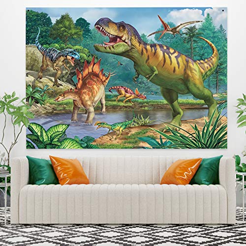 YongFoto 100x70cm Dinosaurio Tapiz Colgar en la pared, Caricatura Tiranosaurio Selva Planta Arroyo para Dormitorio niño Colgando, Exposición temática Aventuras Manta Obra de arte Tapiz