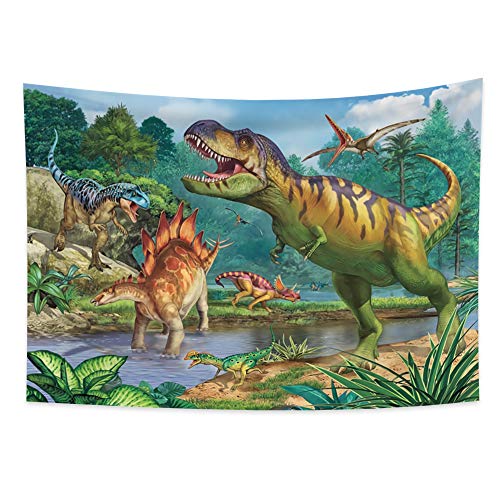 YongFoto 100x70cm Dinosaurio Tapiz Colgar en la pared, Caricatura Tiranosaurio Selva Planta Arroyo para Dormitorio niño Colgando, Exposición temática Aventuras Manta Obra de arte Tapiz