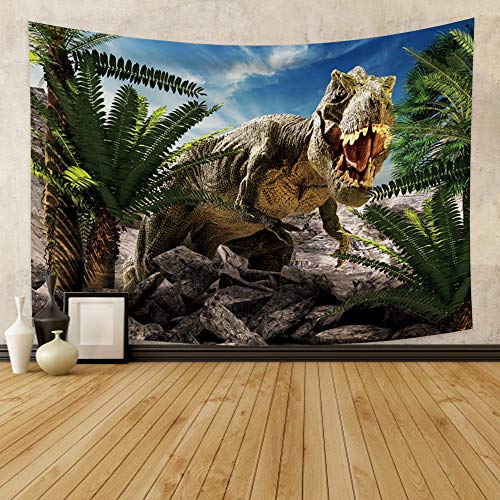 YongFoto 100x70cm Dinosaurio Tapiz Colgar en la pared, Rugido Tiranosaurio Planta Rocas Cielo azul Nubes blancas para Dormitorio niño Colgando, Exposición temática Aventuras Manta Obra de arte Tapiz