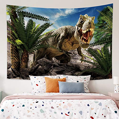 YongFoto 100x70cm Dinosaurio Tapiz Colgar en la pared, Rugido Tiranosaurio Planta Rocas Cielo azul Nubes blancas para Dormitorio niño Colgando, Exposición temática Aventuras Manta Obra de arte Tapiz