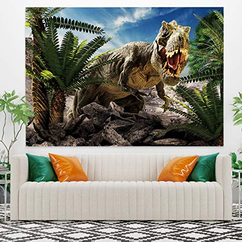 YongFoto 100x70cm Dinosaurio Tapiz Colgar en la pared, Rugido Tiranosaurio Planta Rocas Cielo azul Nubes blancas para Dormitorio niño Colgando, Exposición temática Aventuras Manta Obra de arte Tapiz