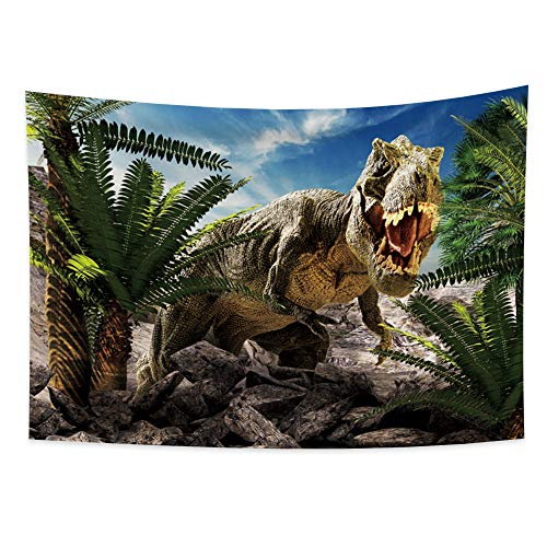 YongFoto 100x70cm Dinosaurio Tapiz Colgar en la pared, Rugido Tiranosaurio Planta Rocas Cielo azul Nubes blancas para Dormitorio niño Colgando, Exposición temática Aventuras Manta Obra de arte Tapiz