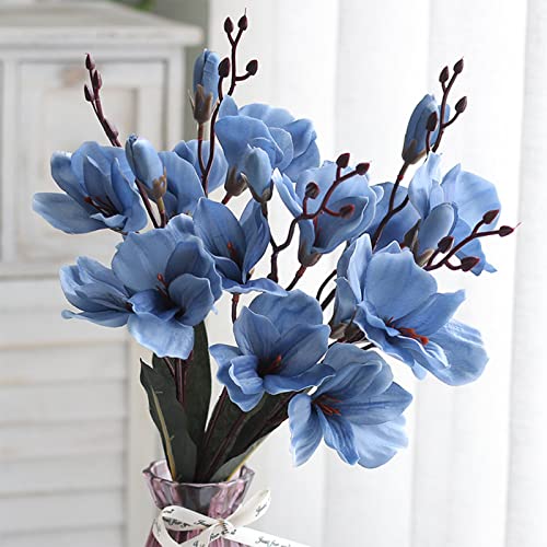 YQYAZL Paquete de 2 flores artificiales de magnolia de tacto real, flores artificiales de magnolia para arreglos forales, boda, hogar, oficina, mesa, decoración de fotografía, accesorios azul