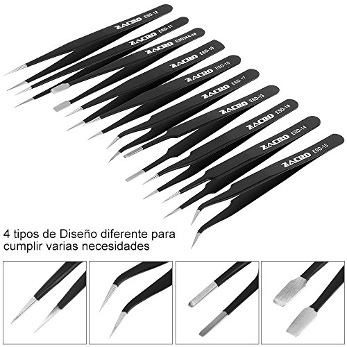 Zacro 11 Pcs Kit de Pinzas de Precisión, Tweezers Anti-Estáticas de Acero Inoxidable para las Electrónicas, Joyería, Laboratorio o Cosmetología, etc, Negro