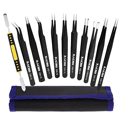 Zacro 11 Pcs Kit de Pinzas de Precisión, Tweezers Anti-Estáticas de Acero Inoxidable para las Electrónicas, Joyería, Laboratorio o Cosmetología, etc, Negro