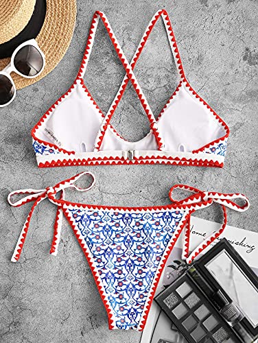 ZAFUL Bikini para mujer Ditsy Floral Bohemian Tie Whip Stitch Print Bikini Juegos de baño, azul-1, L