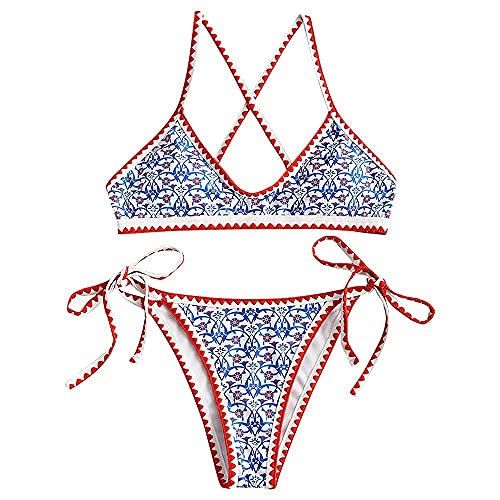 ZAFUL Bikini para mujer Ditsy Floral Bohemian Tie Whip Stitch Print Bikini Juegos de baño, azul-1, L