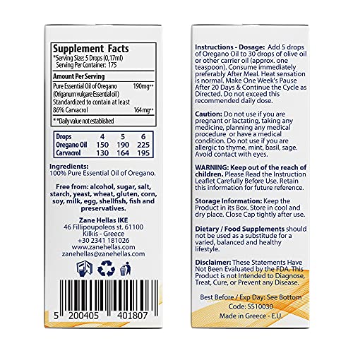 Zane Hellas 100% Undiluted Oregano Oil. Greek Essential Oil of Oregano .86% Min Carvacrol. 164 mg Carvacrol Per Serving. Probably The Best Oregano Oil in The World. 1 fl. oz.- 30ml.