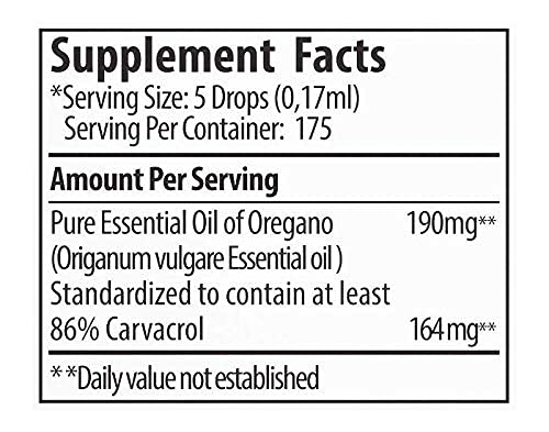 Zane Hellas 100% Undiluted Oregano Oil. Greek Essential Oil of Oregano .86% Min Carvacrol. 164 mg Carvacrol Per Serving. Probably The Best Oregano Oil in The World. 1 fl. oz.- 30ml.