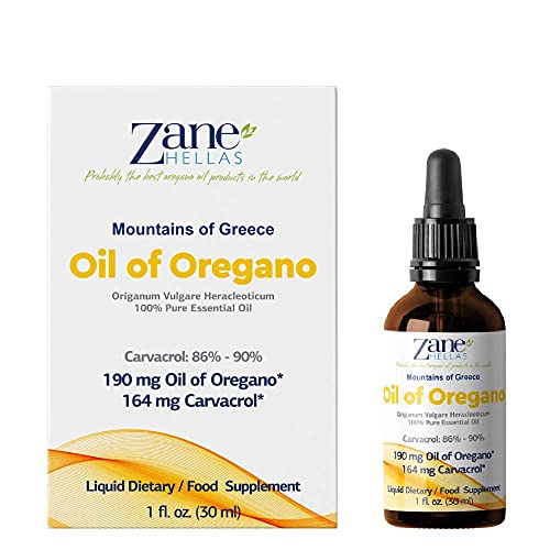 Zane Hellas 100% Undiluted Oregano Oil. Greek Essential Oil of Oregano .86% Min Carvacrol. 164 mg Carvacrol Per Serving. Probably The Best Oregano Oil in The World. 1 fl. oz.- 30ml.