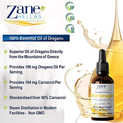 Zane Hellas 100% Undiluted Oregano Oil. Greek Essential Oil of Oregano .86% Min Carvacrol. 164 mg Carvacrol Per Serving. Probably The Best Oregano Oil in The World. 1 fl. oz.- 30ml.