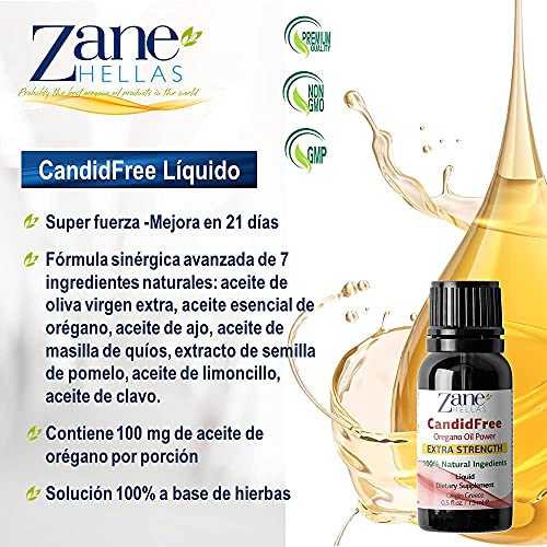 Zane Hellas Candidfree Liquid para el apoyo de Candida. Defensa de levadura. Apoyo de salud intestinal. Apoyo de salud de colon. Soporte de flora intestinal. Fórmula 100% herbal. 0.5fl.oz - 15ml