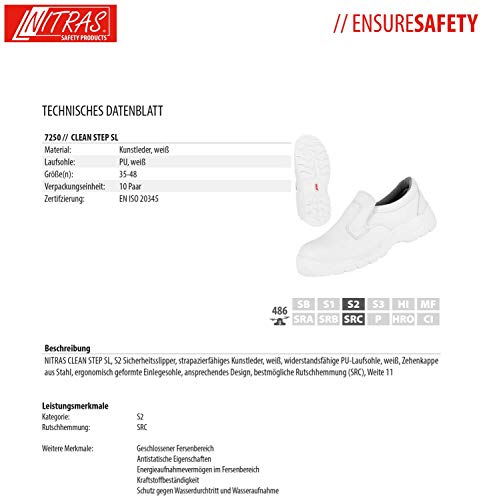 Zapatillas de Trabajo Nitras 7250 Clean Step I - Zapatilla de Seguridad S2 para Hombres y Mujeres - Zapatos Resistentes al Agua con Punta de Acero - Blanco, Tamaño 39