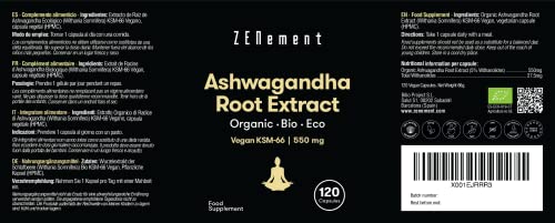 Zenement | Extracto de Raíz de Ashwagandha ECO, KSM-66 Vegano | 550 mg ,120 Cápsulas | Equilibrio físico y emocional | Vegano, 100% Ingredientes Naturales, No-GMO