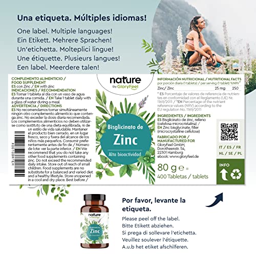 Zinc 25mg Alta dosificación - 400 Tabletas Premium Bisglicinato de Zinc puro (Quelato de Zinc)- Zinc elemental de alta biodisponibilidad - Producción probada en laboratorio en Alemania