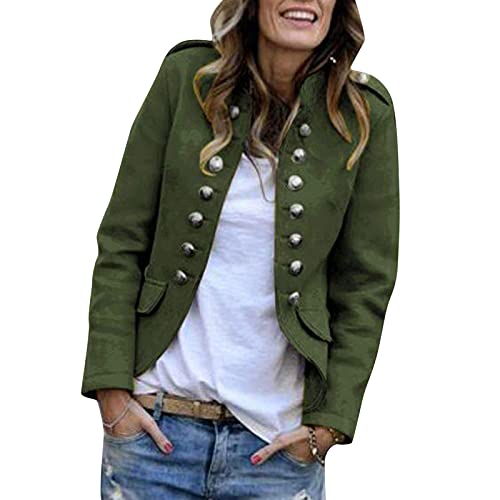 Zldhxyf Elegante chaqueta de traje para mujer con tira de botones, estilo militar, para el tiempo libre, para negocios, oficina, traje., verde militar, XL