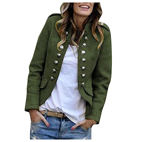 Zldhxyf Elegante chaqueta de traje para mujer con tira de botones, estilo militar, para el tiempo libre, para negocios, oficina, traje., verde militar, XL