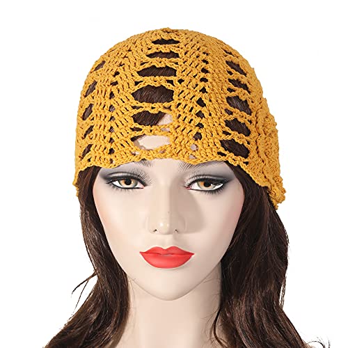 ZLYC Gorro de punto hecho a mano con diseño de calavera de ganchillo de algodón para mujer, Flor Amarillo, Talla única