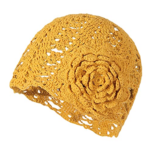 ZLYC Gorro de punto hecho a mano con diseño de calavera de ganchillo de algodón para mujer, Flor Amarillo, Talla única