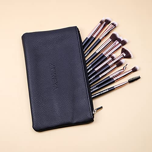 Z’OREYA - 12 Brochas de Maquillaje Pinceles profesionales primera calidad Estuche de viaje Producto belleza cosmética Cepillo negro rosa con fibra sintética Uso facial sombreado corrector delineado