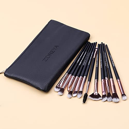 Z’OREYA - 12 Brochas de Maquillaje Pinceles profesionales primera calidad Estuche de viaje Producto belleza cosmética Cepillo negro rosa con fibra sintética Uso facial sombreado corrector delineado