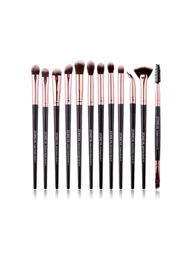 Z’OREYA - 12 Brochas de Maquillaje Pinceles profesionales primera calidad Estuche de viaje Producto belleza cosmética Cepillo negro rosa con fibra sintética Uso facial sombreado corrector delineado