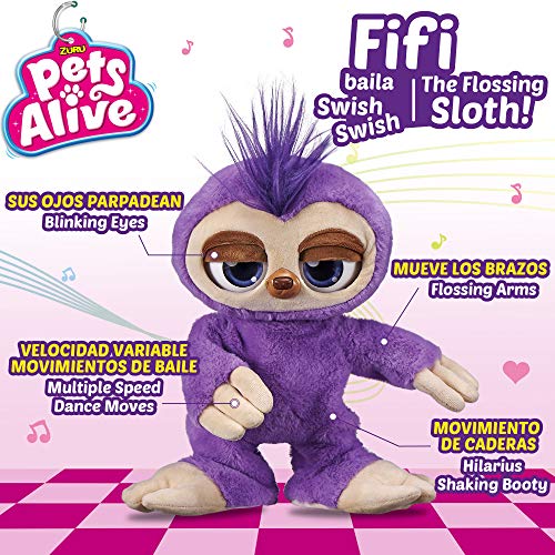 Zuru Pets Alive Oso perezoso bailarín Fifi, Juguetes para niños con música, baile swish swish, Oso peluche interactivo con movimiento, Juguetes para niños 3 años