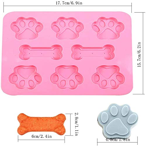 2 moldes de silicona con diseño de huellas de cachorro y hueso de perro, con 2 goteros líquidos transparentes graduados, 8 cavidades, bandejas de hielo reutilizables para hornear galletas y dulces