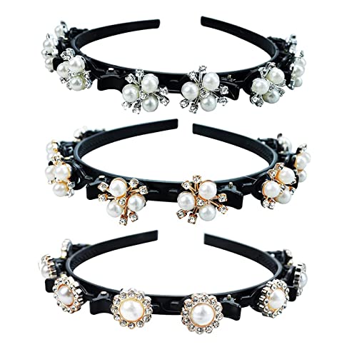 3 Piezas Diademas de Trenza, Diademas de Perlas de Diamantes de Imitación, 4,3 Pulgadas/11cm, Diadema de Trenza de Estilo, con Clips, Flequillo Horquilla, para Mujeres y Niñas