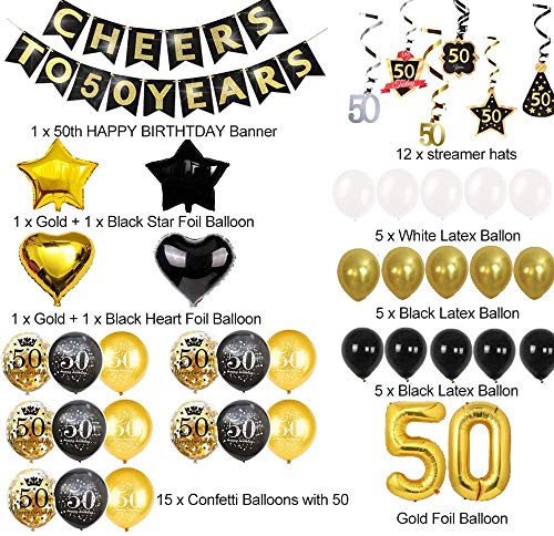 50 Cumpleaños Decoraciones 50 Años de Globos de Cumpleaños de Oro Negro Globos de Papel de Confeti de Látex Impresos 50 Globos de Cumpleaños para Adultos Hombres Mujeres