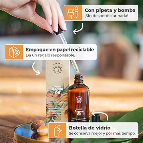 ACEITE DE ARGÁN ORGÁNICO | 100% Puro, Natural y Prensado en Frío | Rostro, Cuerpo, Cabello, Barba, Uñas | Vegano y Cruelty Free | Botella de Vidrio + Pipeta + Bomba (100ml)