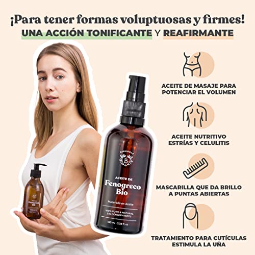 ACEITE DE FENOGRECO ORGÁNICO | Aceite Macerado de Semillas de Fenogreco y Aceite de Girasol | Cuerpo, Pecho, Glúteos, Cabello | Vegano y Cruelty Free | Botella de vidrio + Pipeta + Bomba (100ml)