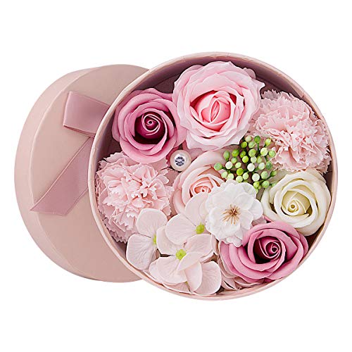 ANBET Artificial Flowers with Pink Round Gift Box Fake Rose Carnation Bouquets Women Gift for Valentine's Day Mother's Day Wedding Home Décor (Pink 16.5x8cm)