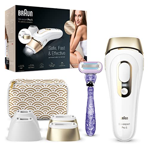 Braun Silk-expert Pro 5 Depiladora Mujer Luz Pulsada IPL con 2 Cabezales Standar y 2 de Precisión, Alternativa a la Depilación Láser en Casa, Regalos Originales para Mujer, PL 5137MN, Blanco/Dorado