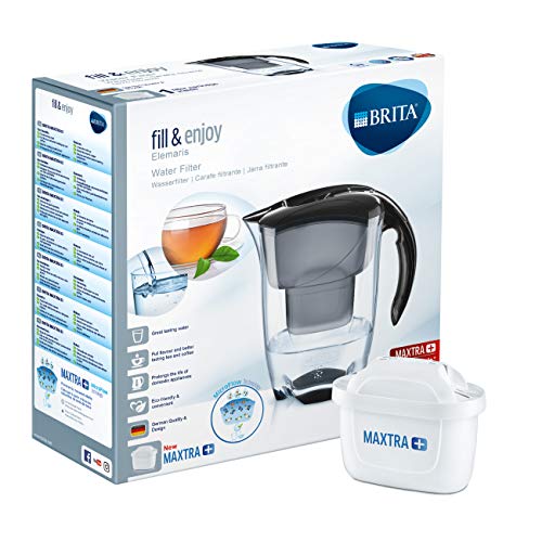 BRITA Elemaris Negra - Jarra de Agua Filtrada con 1 cartucho MAXTRA+, Filtro de agua BRITA que reduce la cal y el cloro, Agua filtrada para un sabor óptimo, 2.4L