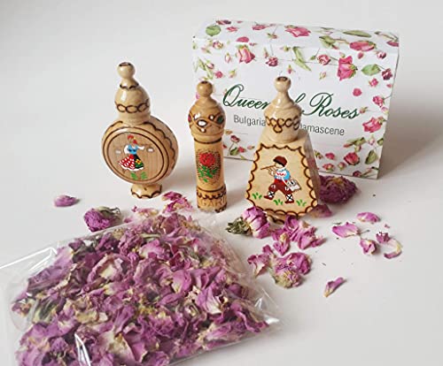 Bulgarian ROSE 3 frascos de madera + flores de rosa secas, regalo pequeño