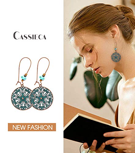 CASSIECA 36 pares Pendientes Colgantes de Retro para Mujeres Niñas Pendientes de Bronce de Plata Vintage con Perla Hoja Hueca Turquesa Incrustación Joyería Bohemia para Regalos de Cumpleaños Fiesta