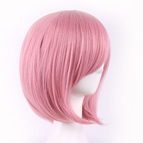 Chiguo Peluca de Las Mujeres Elegante Moda Multicolor Mediano Corto Recta Flequillo Peluca Cabello para de Adultos Cosplay Disfraz Fiesta de Halloween Liso Peluca Pelucas para Adultos (Rosa)