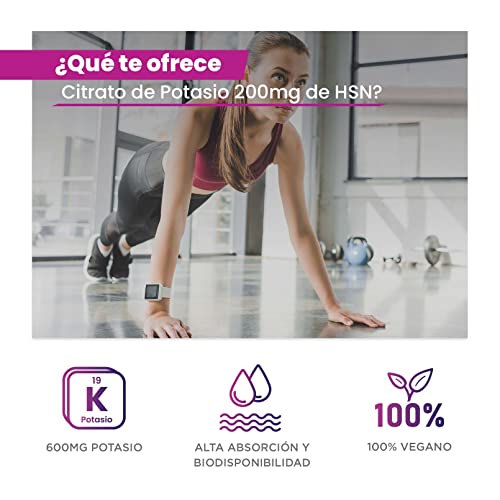 Citrato de Potasio de HSN | 600mg de Potasio Elemental por Dosis Diaria | Potassium Citrate de Alta Concentración | No-GMO, Vegano, Sin Gluten | 120 Cápsulas Vegetales