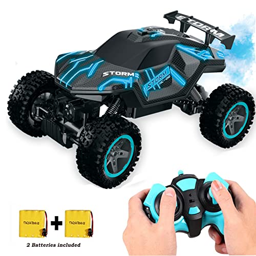 Coche Teledirigido para Niños, RCCBOOST 4WD Spray Coche Juguete Todoterreno de Alta Velocidad 20km/h| Luz LED Fresca | 2 Baterías Recargables | Coche Juguete Regalo para niños 6 a 12 años (Azul)